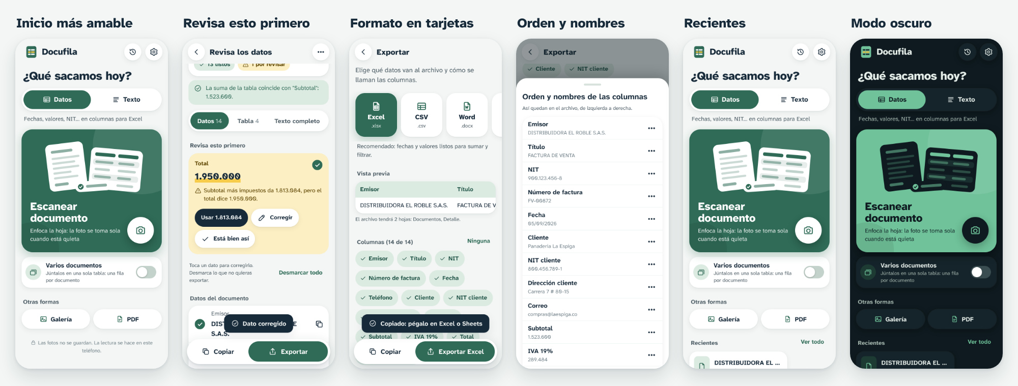Pantallas de Docufila: escanear, revisar los datos y exportar a Excel